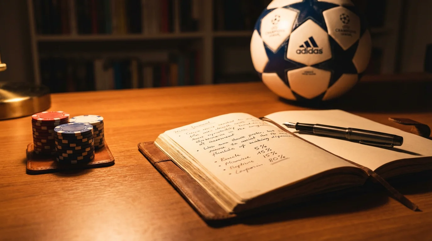 Fußball-Wettschein und gestapelte Pokerchips auf einem Holztisch als Symbol für Bankroll-Management bei Champions-League-Wetten
