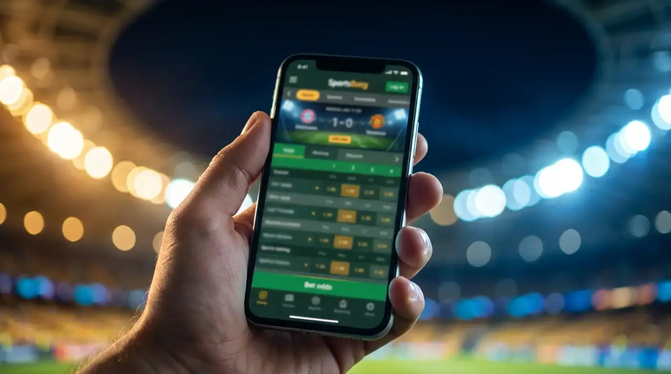 Smartphone zeigt Sportwetten-Quoten vor einem beleuchteten Champions League Stadion