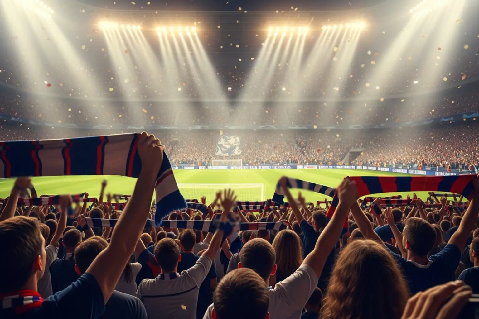 Begeisterte Fußballfans auf der Tribüne eines Champions League Spiels mit Fahnen und Schals