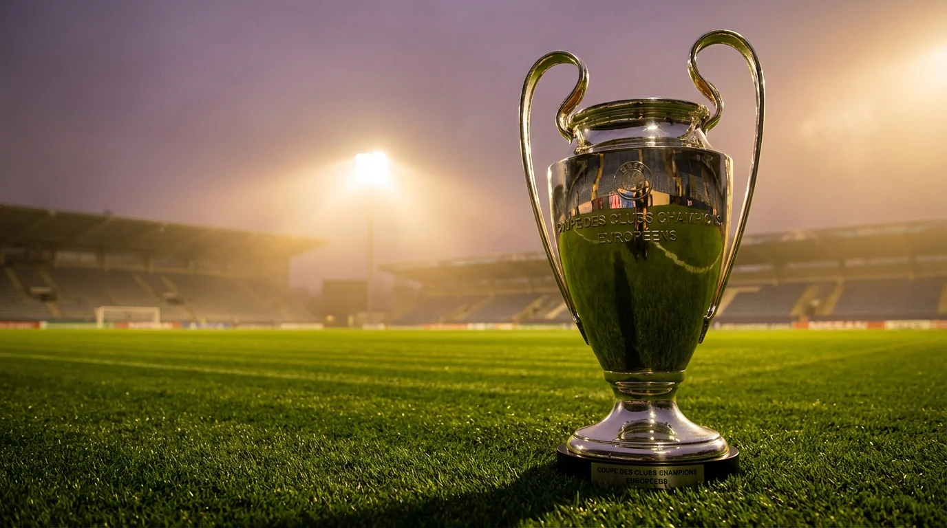 Champions-League-Pokal auf dem Rasen eines leeren Fußballstadions bei dramatischer Abendbeleuchtung