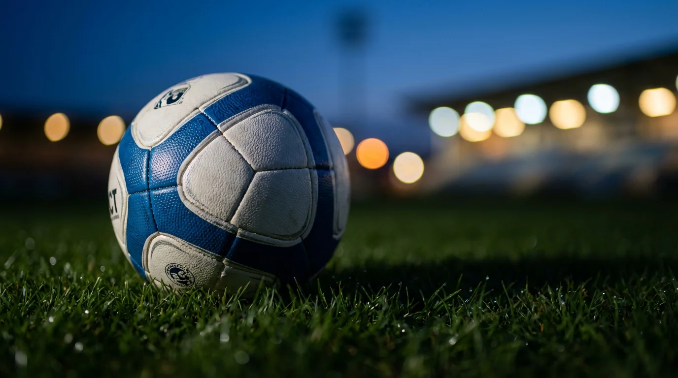 Offizieller Champions League Spielball auf gepflegtem Rasen mit Stadionbeleuchtung im Hintergrund