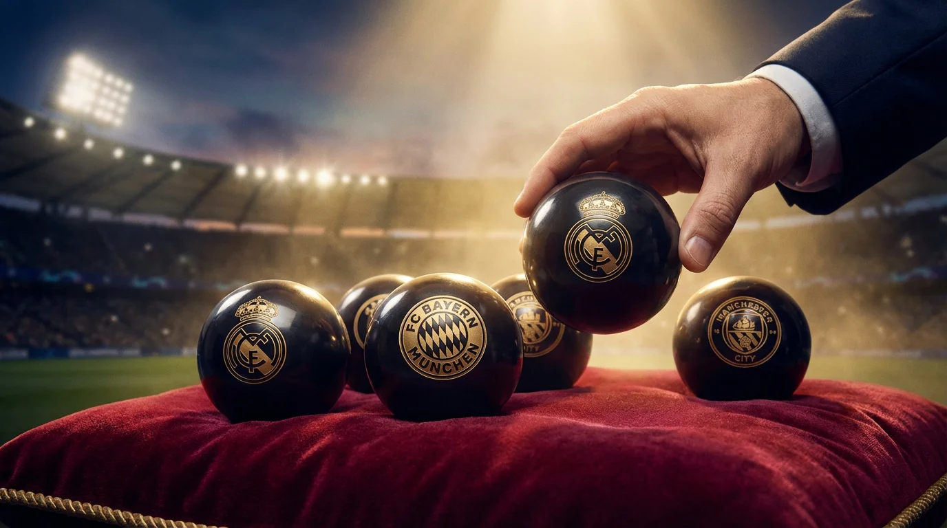 Champions-League-Auslosungskugeln auf einem Tisch mit dramatischer Beleuchtung im Hintergrund eines großen Fußballstadions