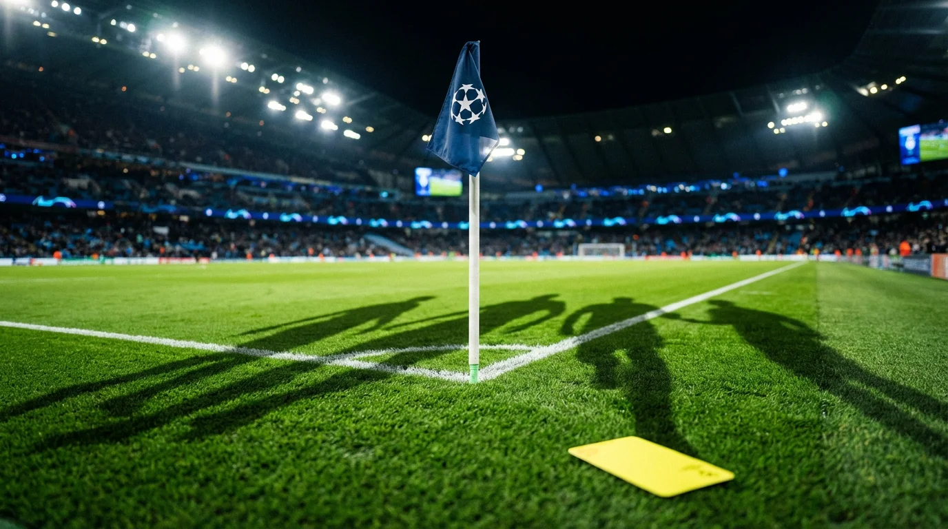Nahaufnahme einer Champions-League-Eckfahne auf dem Rasen eines Fußballstadions bei Flutlicht mit gelber Karte im Vordergrund
