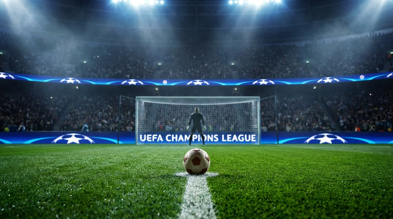 Elfmeterpunkt im Strafraum eines Champions-League-Stadions bei Flutlicht mit dramatischer Beleuchtung