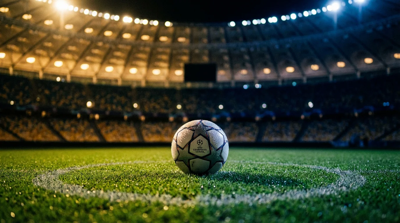 Champions League Fußball auf dem Rasen eines großen Stadions bei Flutlicht - Symbol für Favoriten gegen Außenseiter