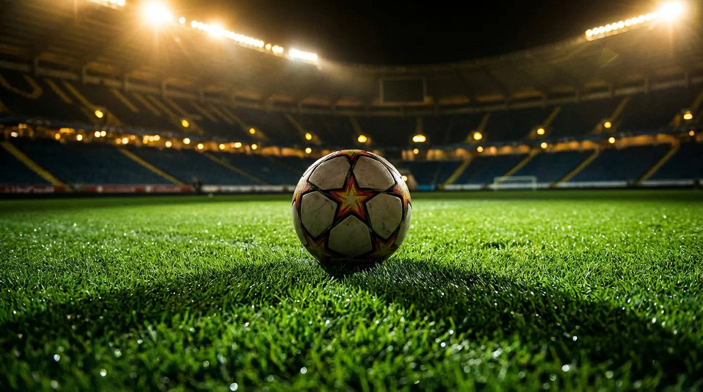 Fußball auf dem Rasen eines Champions-League-Stadions bei Flutlicht, symbolisch für die Formanalyse in der Königsklasse