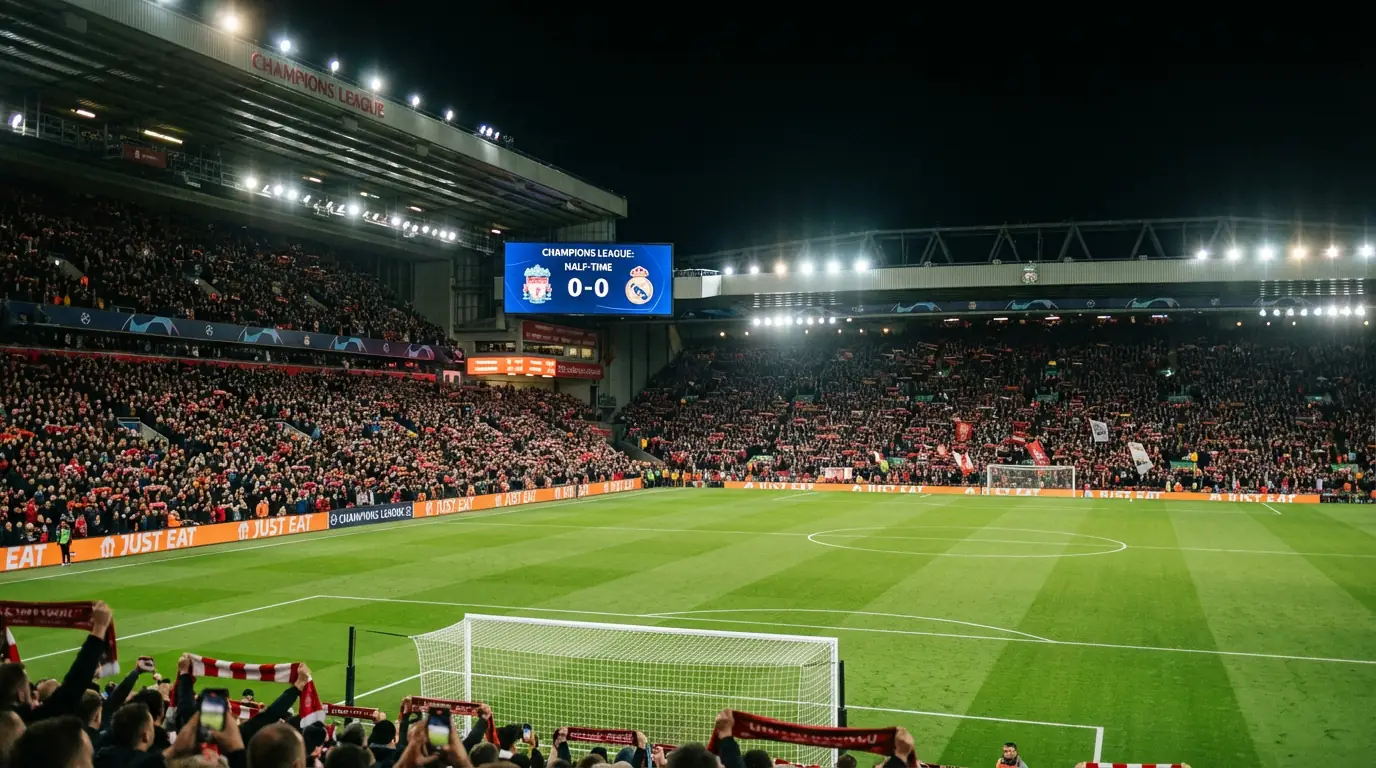 Champions League Fußballstadion bei Flutlicht zur Halbzeitpause mit Anzeigetafel und dramatischer Atmosphäre