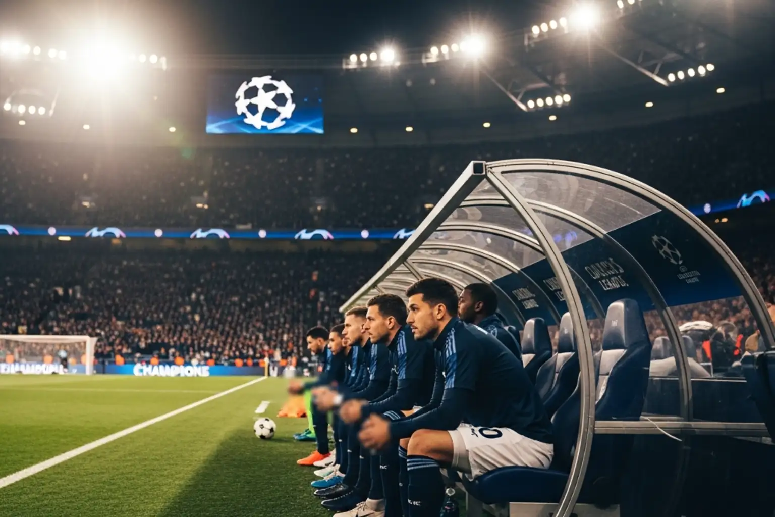 Fußball-Mannschaftsbank in einem Champions-League-Stadion mit Ersatzspielern, die auf ihren Einsatz warten