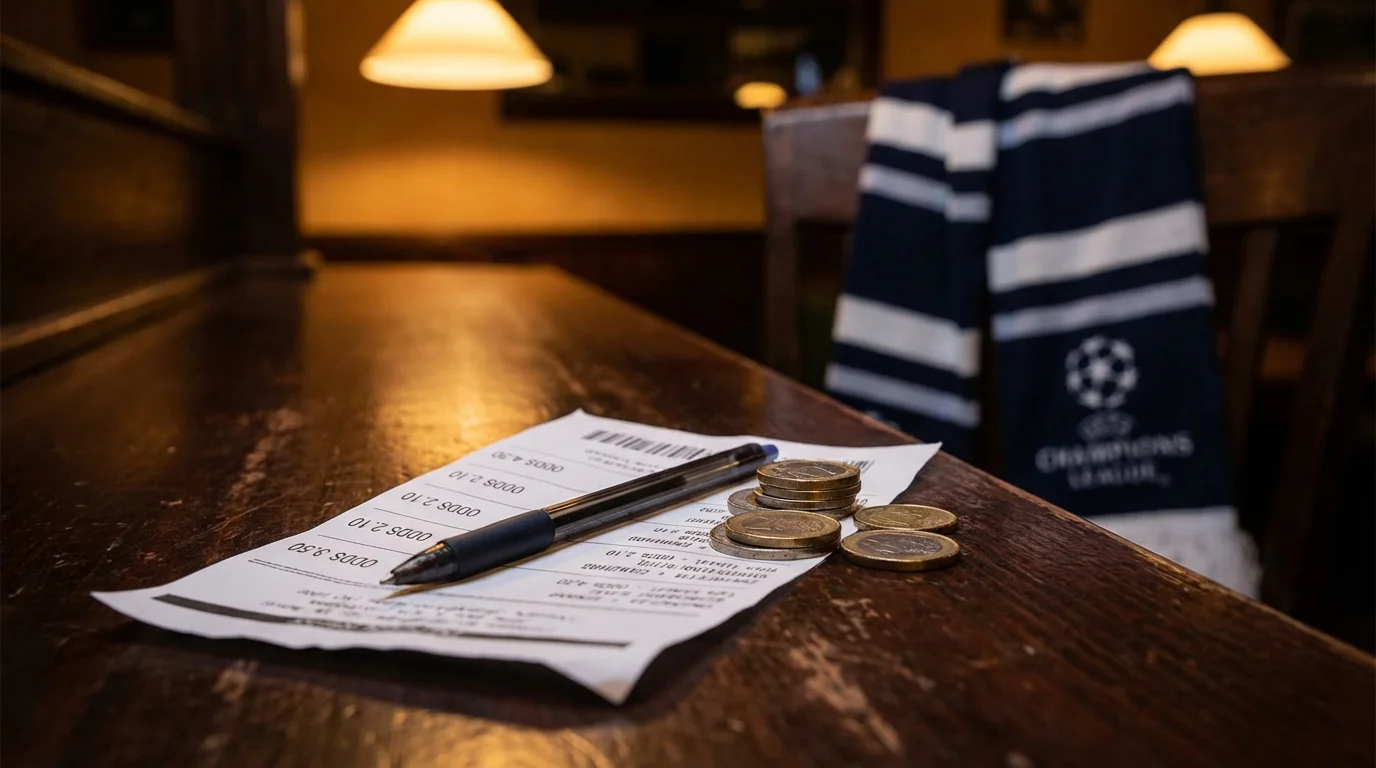 Wettschein mit mehreren Champions-League-Spielen auf einem Tisch neben einem Stift unter warmem Licht