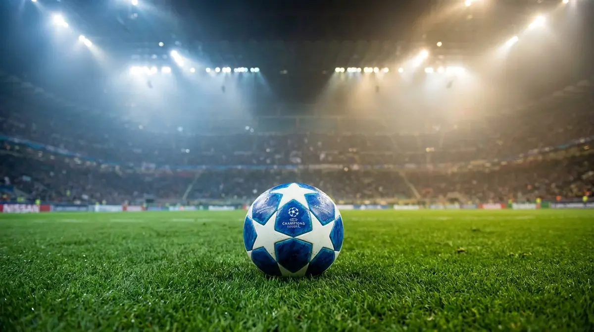 Champions League Fußball auf Rasen mit Stadionflutlicht im Hintergrund
