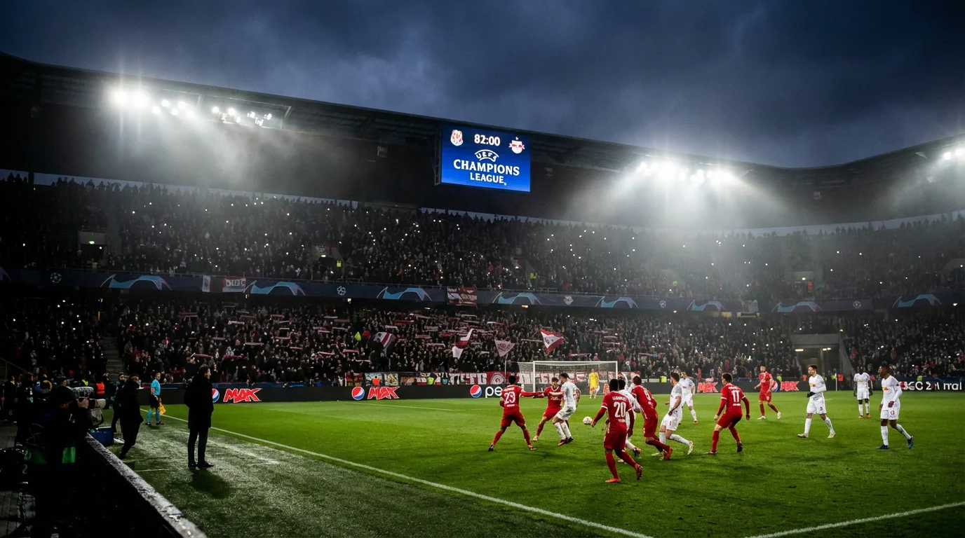 Fußballstadion bei Nacht während eines Champions-League-Spiels in der Schlussphase mit Anzeigetafel in der 82. Minute