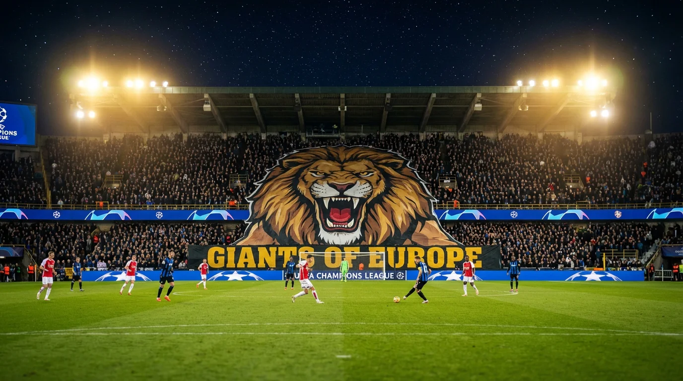 Dramatisch beleuchtetes Champions-League-Fußballstadion bei Nacht während eines K.o.-Spiels mit intensiver Atmosphäre