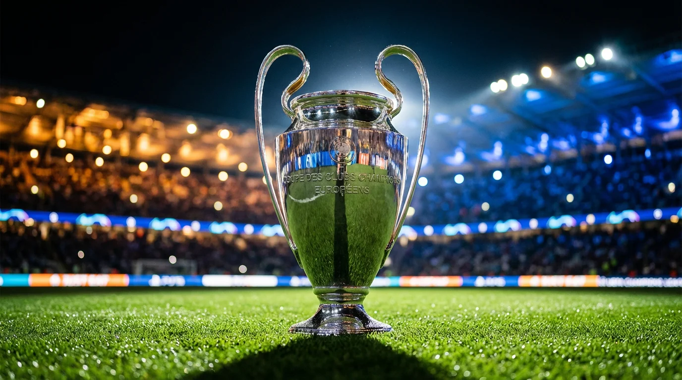 Champions League Pokal auf einem Spielfeld mit dramatischer Stadionbeleuchtung, symbolisch für die CL-Quotenentwicklung 2025/26