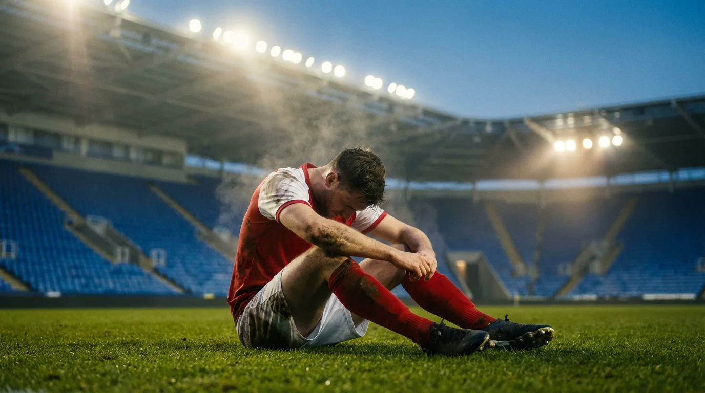Erschöpfter Fußballspieler sitzt nach einem Champions-League-Spiel auf dem Rasen im Stadion unter Flutlicht