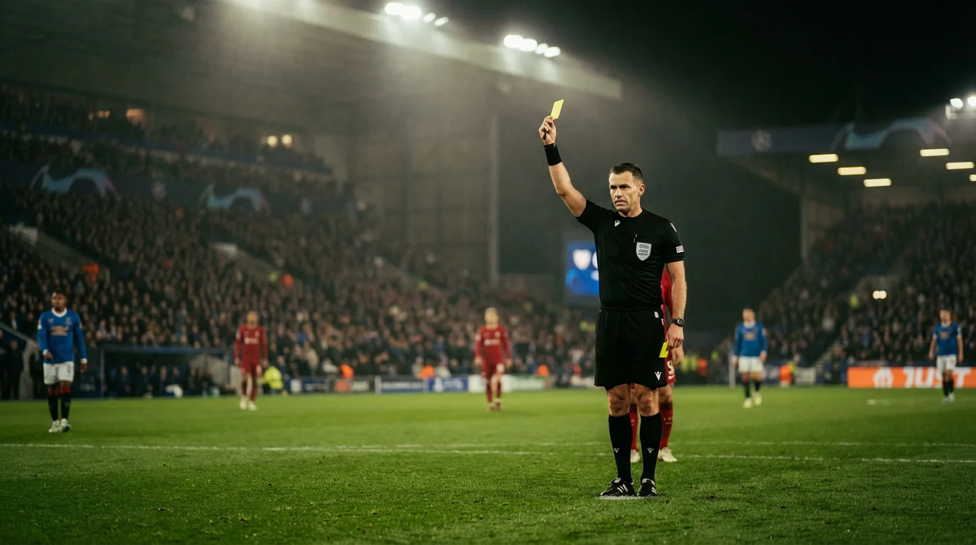Champions-League-Schiedsrichter zeigt eine Gelbe Karte im Flutlicht eines Stadions bei einem Abendspiel