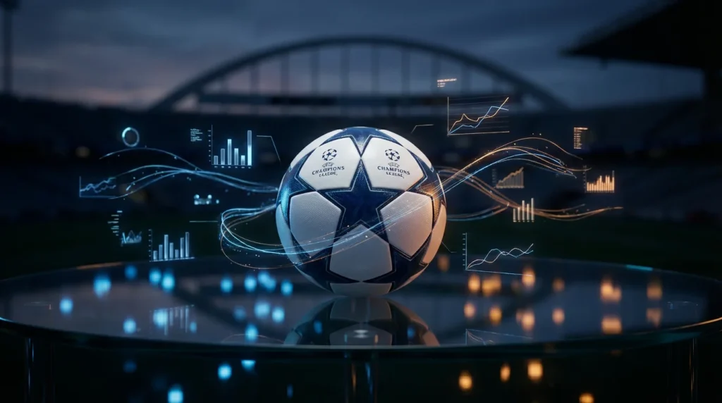 Champions League Fußball umgeben von leuchtenden holografischen Datenlinien und Statistik-Symbolen