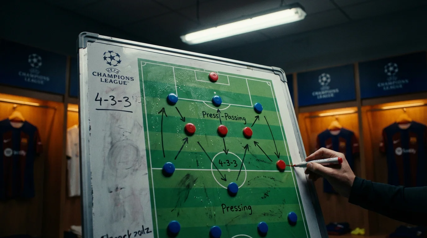 Taktiktafel mit Fußball-Formationsaufstellung in einer Champions-League-Kabine bei dramatischer Beleuchtung