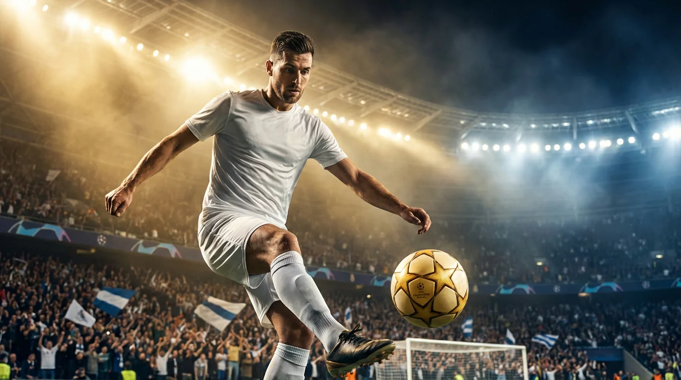 Fußballstürmer im Flutlicht eines Champions-League-Stadions kurz vor dem Torschuss