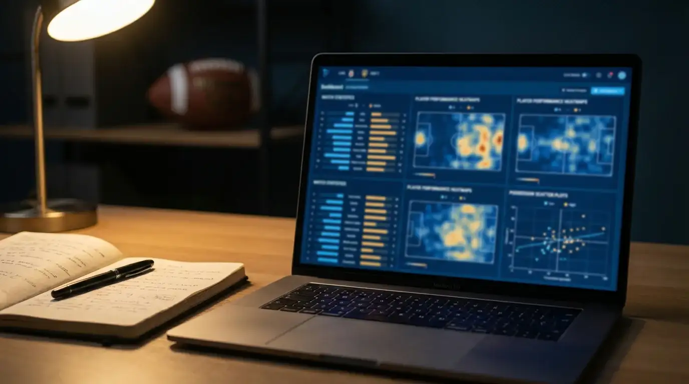 Laptop-Bildschirm mit Fußball-Statistiken, Diagrammen und Datenanalyse für Champions League Wetten