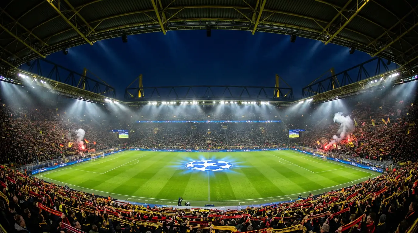 Champions-League-Fußballabend in einem deutschen Stadion mit Flutlicht und Rasen
