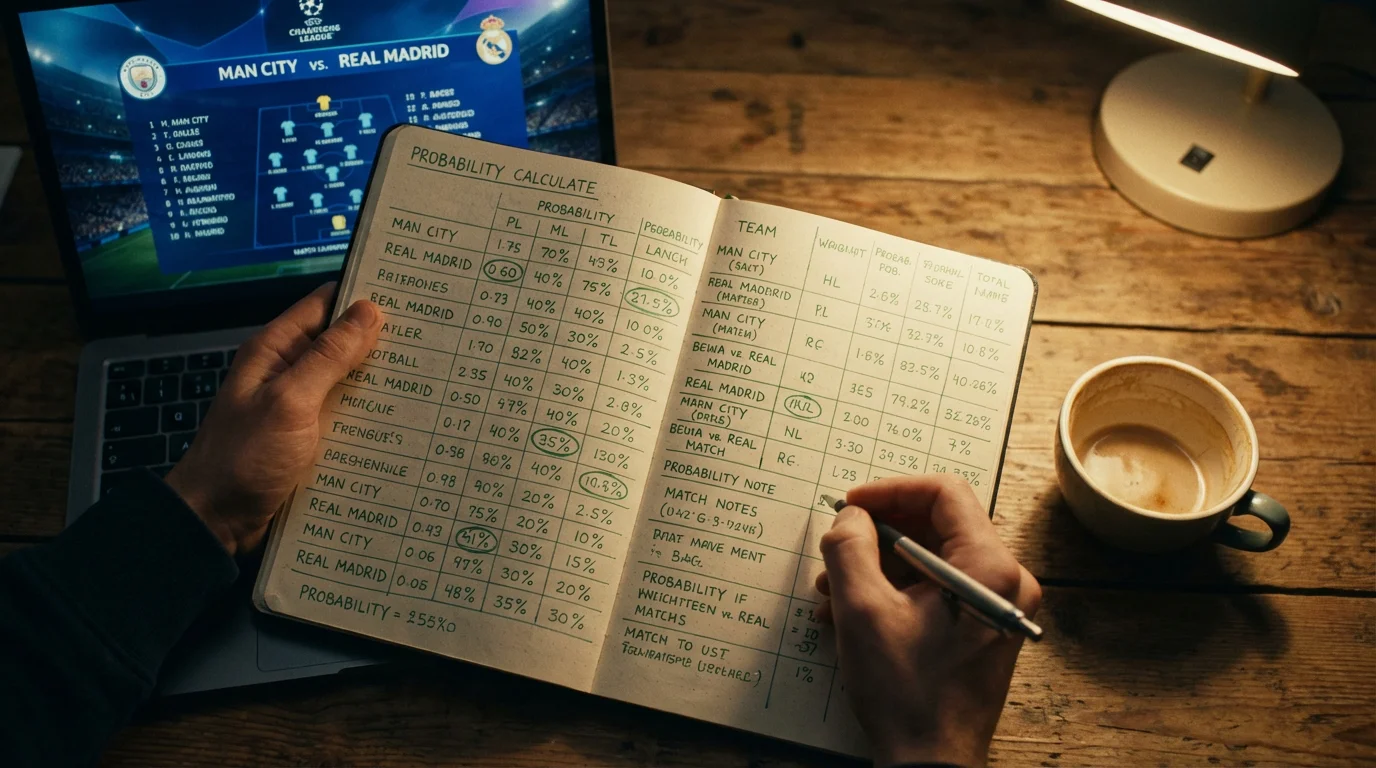 Person analysiert Champions-League-Wettdaten mit Notizen und Stift auf einem Schreibtisch