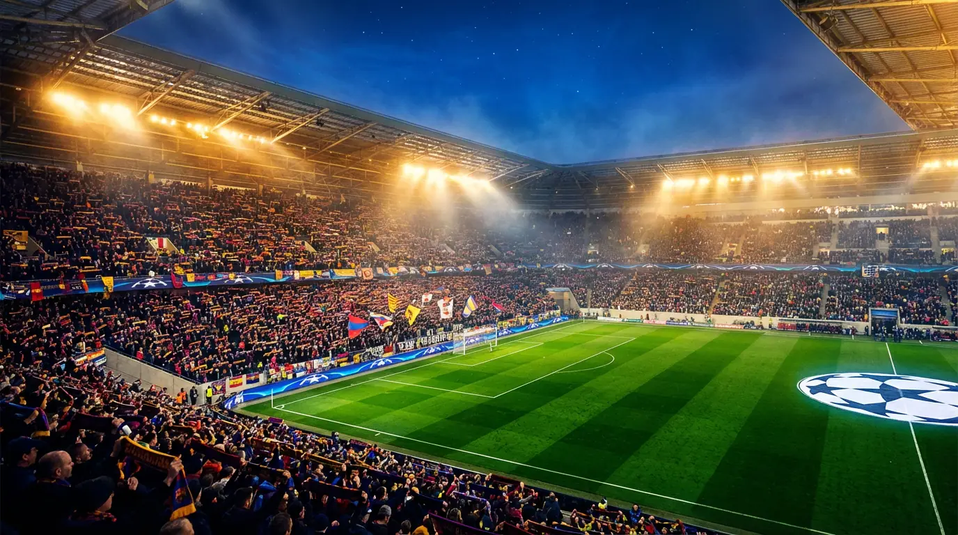 Beleuchtetes Champions-League-Stadion bei Nacht mit grünem Rasen und vollen Tribünen als Symbol für den Heimvorteil