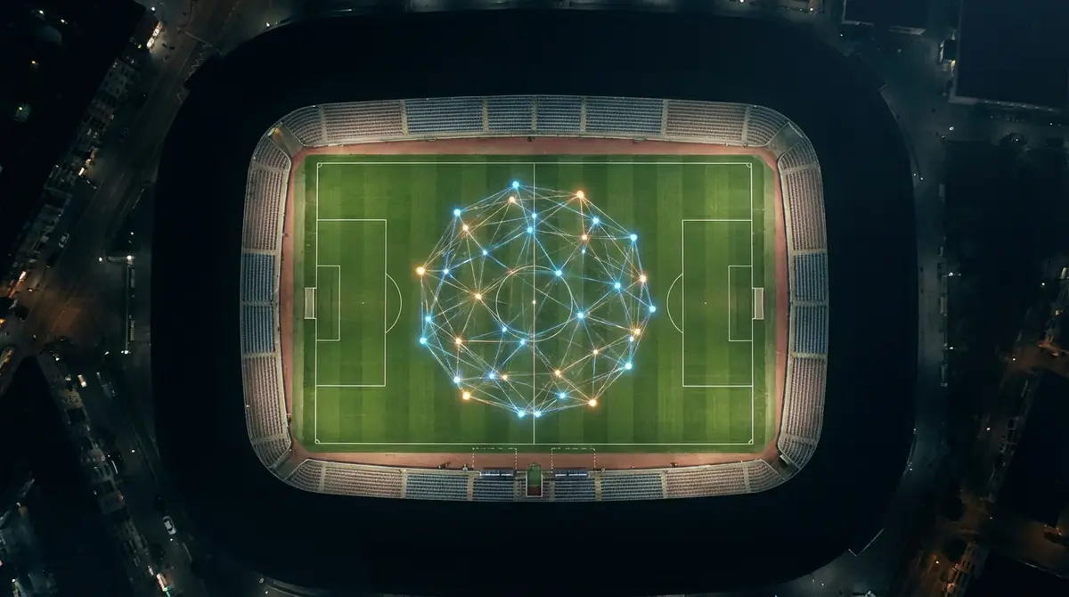 Leuchtende neuronale Netzwerk-Struktur über einem Fußballfeld bei Nacht