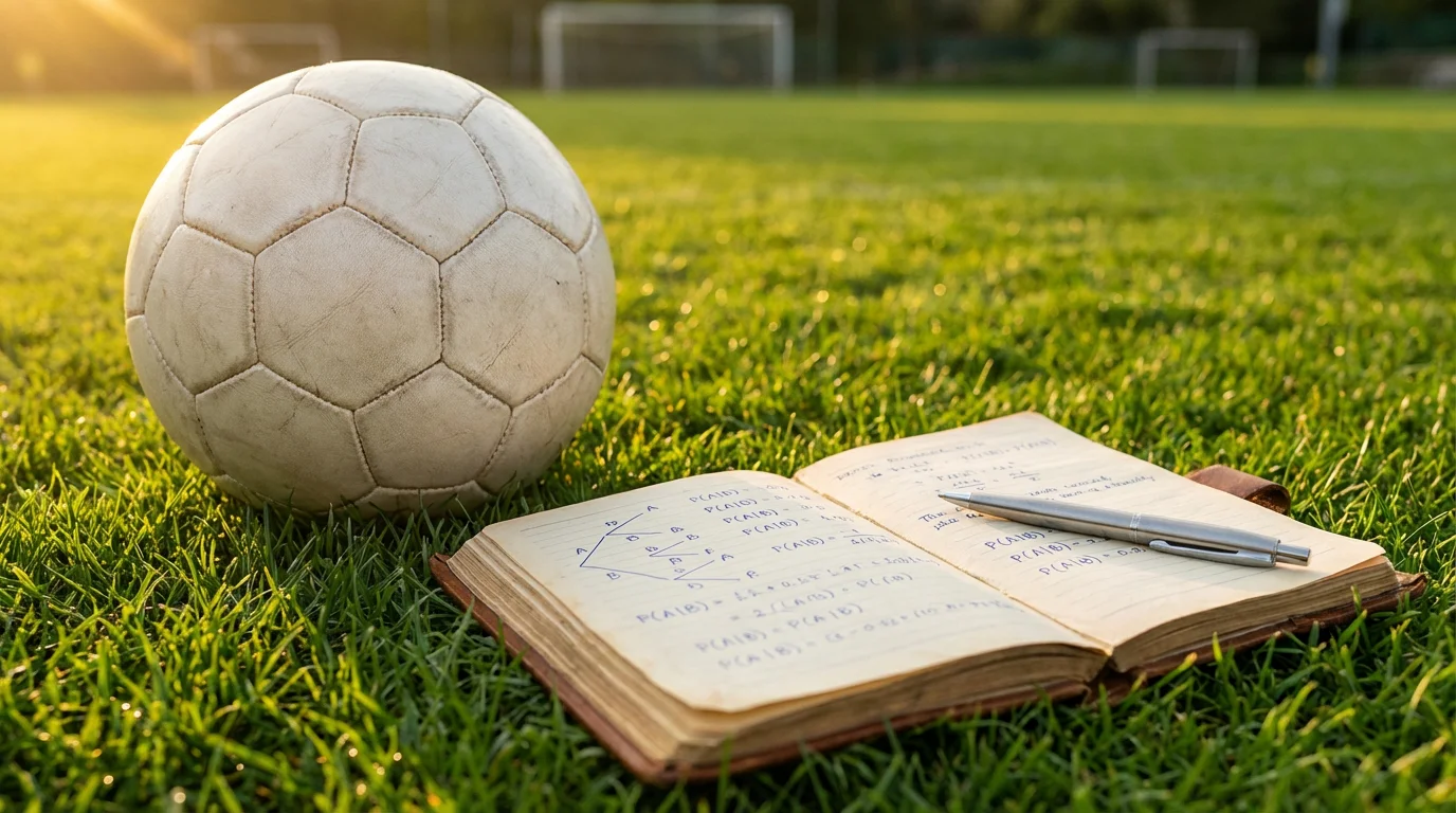 Fußball auf einem Rasenplatz mit einem Notizbuch voller handgeschriebener statistischer Berechnungen und einem Stift daneben, symbolisch für die Berechnung von Tor-Wahrscheinlichkeiten in der Champions League