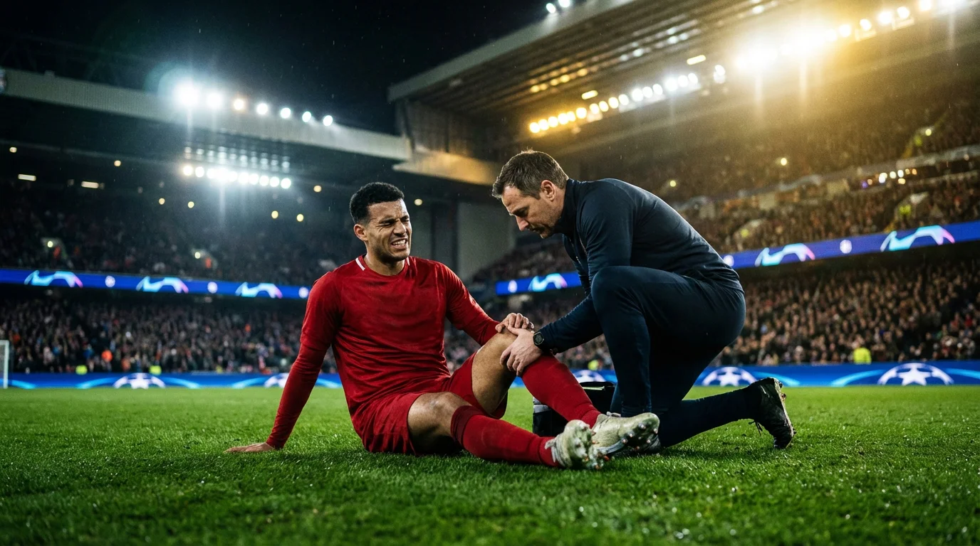 Fußballspieler mit Knieverletzung auf dem Rasen eines Champions-League-Stadions bei Flutlicht