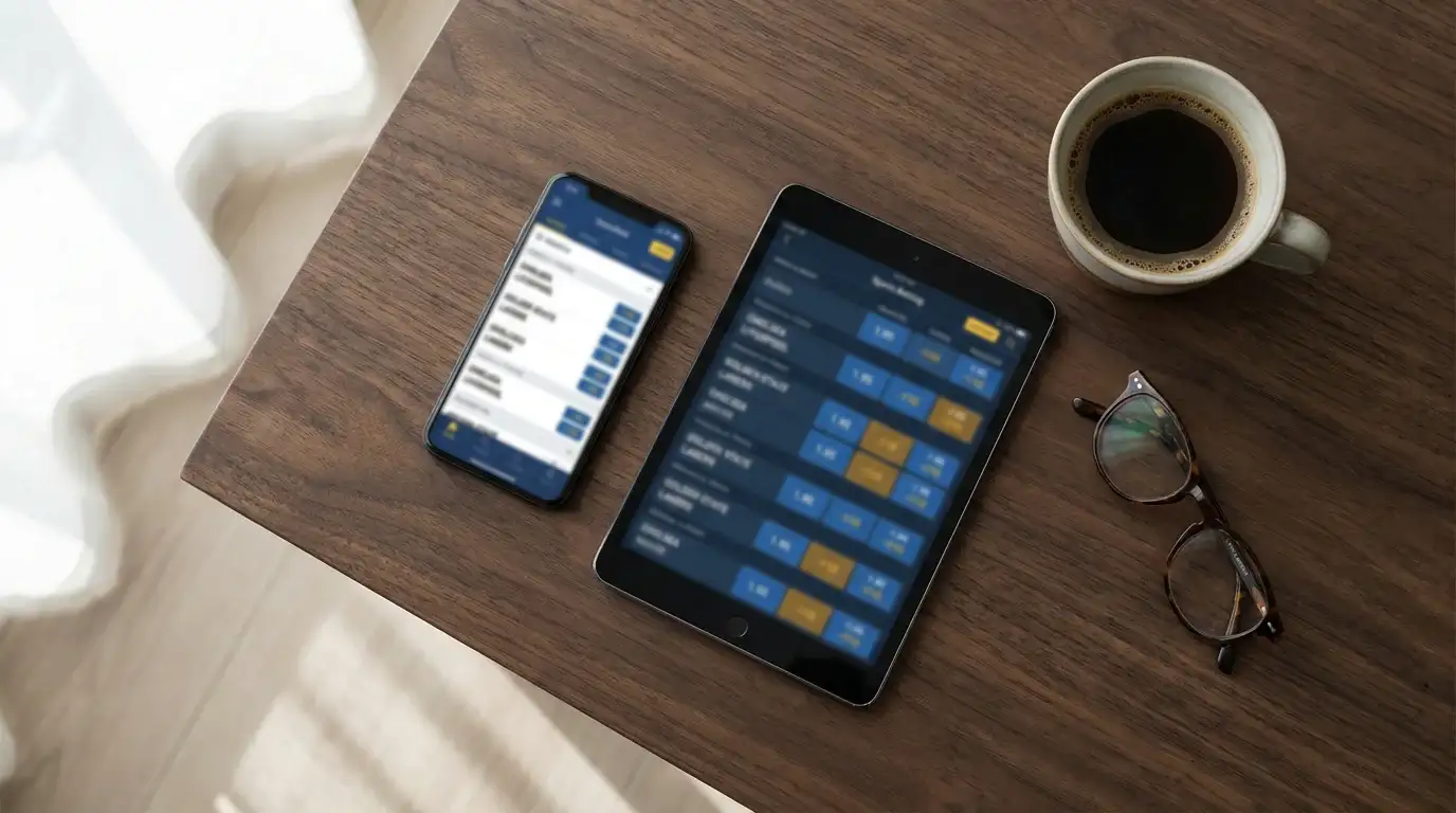 Smartphone und Tablet zeigen Sportwetten-Quoten und Quotenvergleich für Champions League Spiele