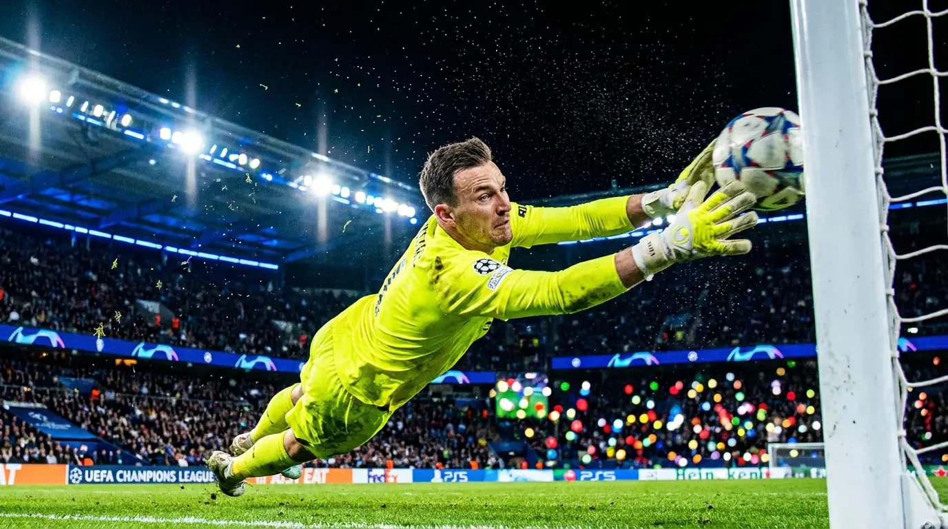 Torhüter bei einer spektakulären Parade im Flutlicht eines Champions-League-Stadions bei Nacht