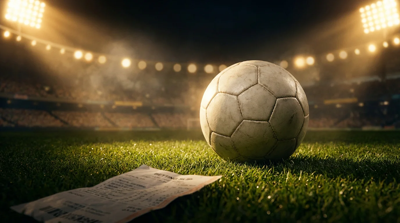 Fußball auf einem grünen Rasen im Stadion bei Flutlicht mit einem Wettschein im Vordergrund - symbolisch für Champions-League-Wetten und Wettsteuer
