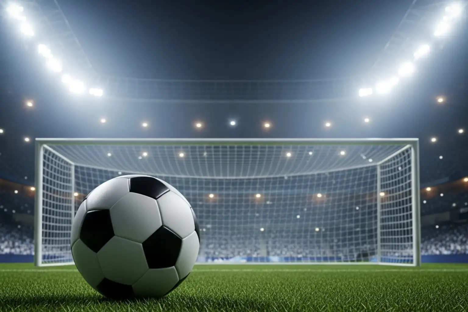 Fußball liegt vor dem Tor auf dem Rasen eines Champions-League-Stadions bei Flutlicht